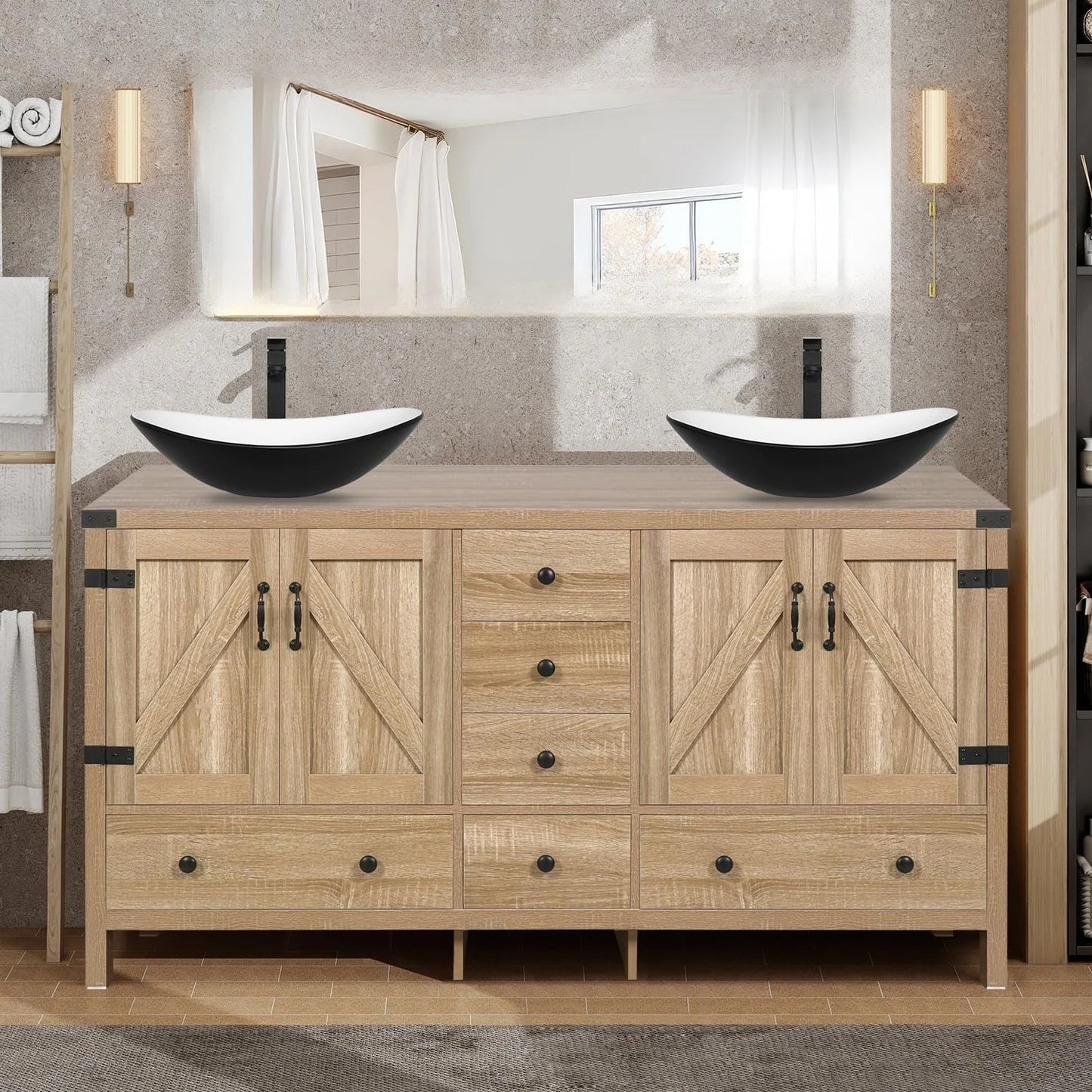 Rustic Bathroom Vanity With Two Vessel Sinks Stand