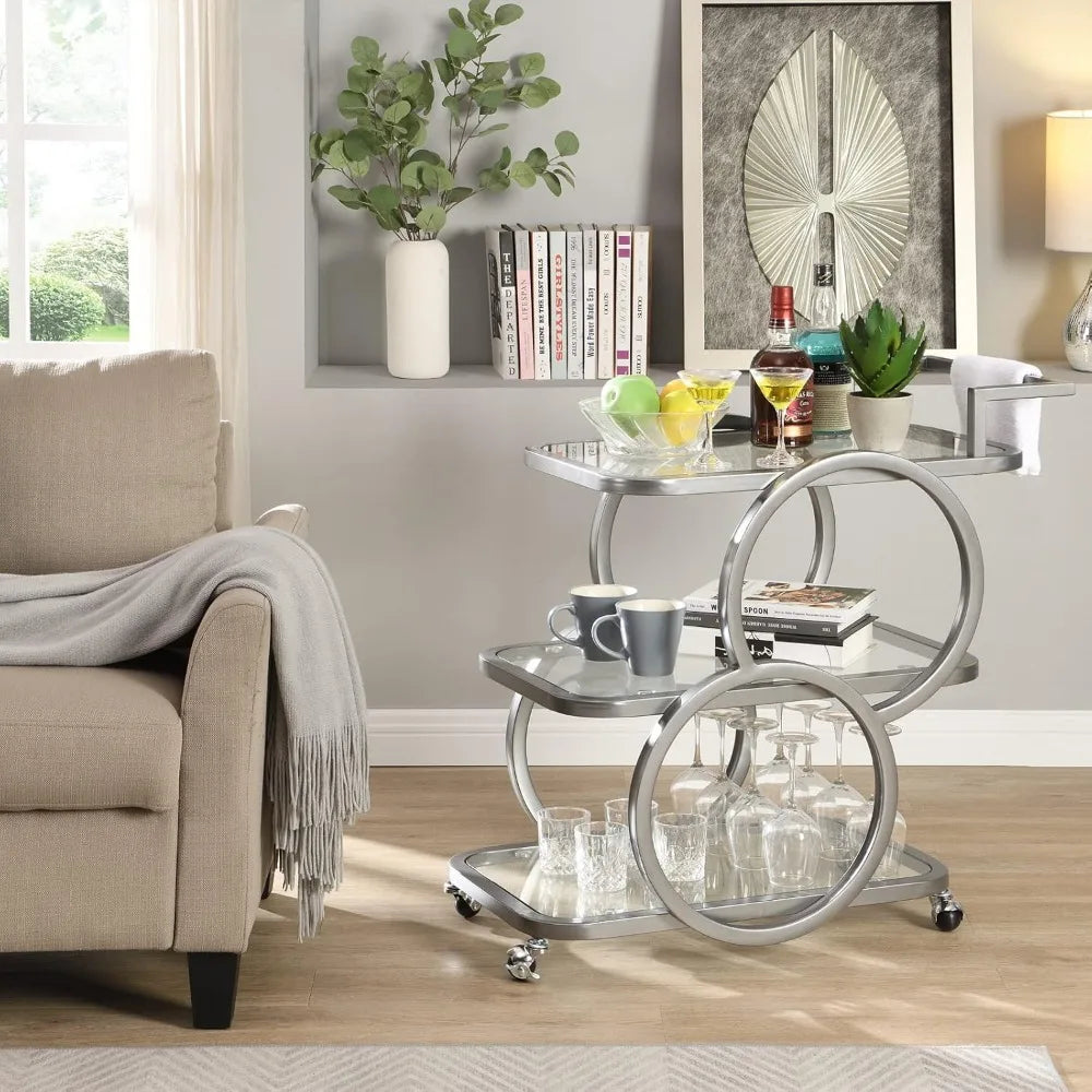 Three Tier Bar Cart With Wheels And Crystal Shelves
