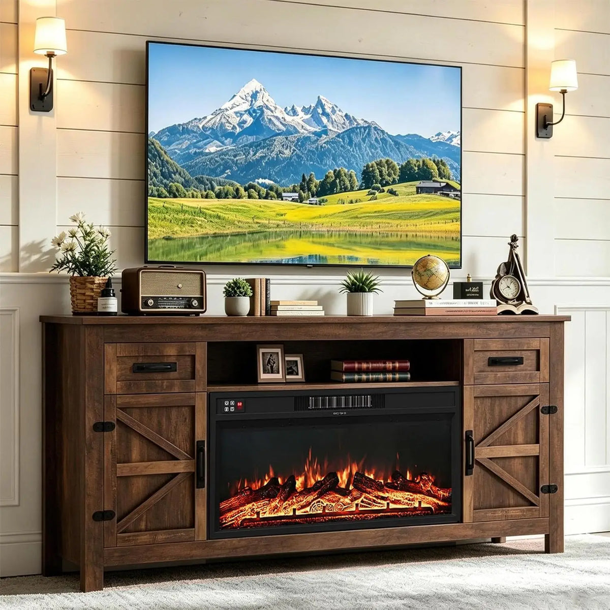 Farmhouse Fireplace TV Stand With Barn Doors And Storage