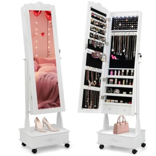 Rolling Jewelry Armoire With Led Lights And Mirror Cabinet