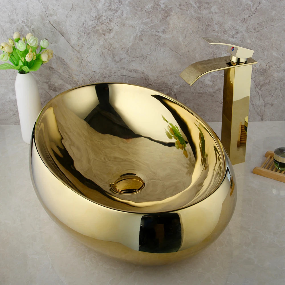 KEMAIDI Ceramic Oval Vessel Sink With Waterfall Faucet
