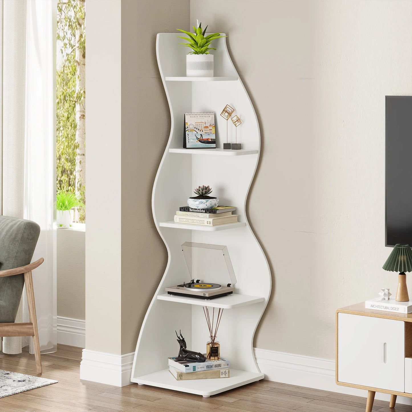 Tribesigns Corner Shelf Five Tier Wall Bookshelf Wood
