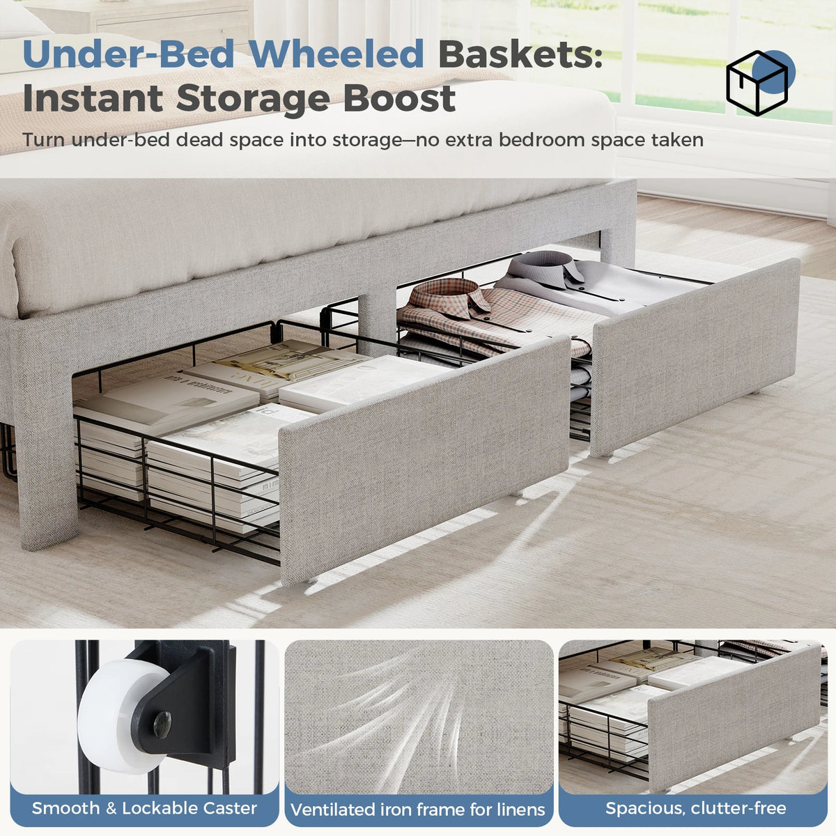MCQ Upholstered Platform Bed Frame With Storage Drawers