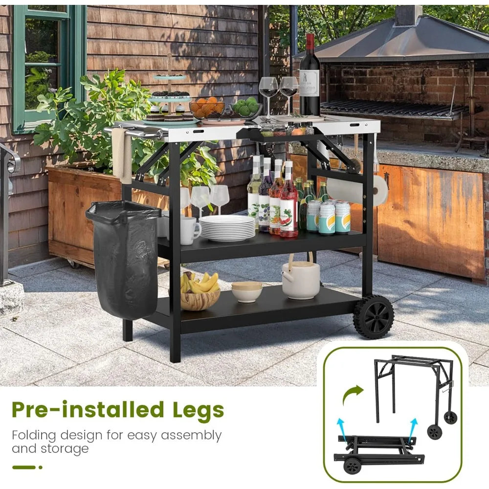 Portable Outdoor Grill Stand With Wheels And Storage Shelves