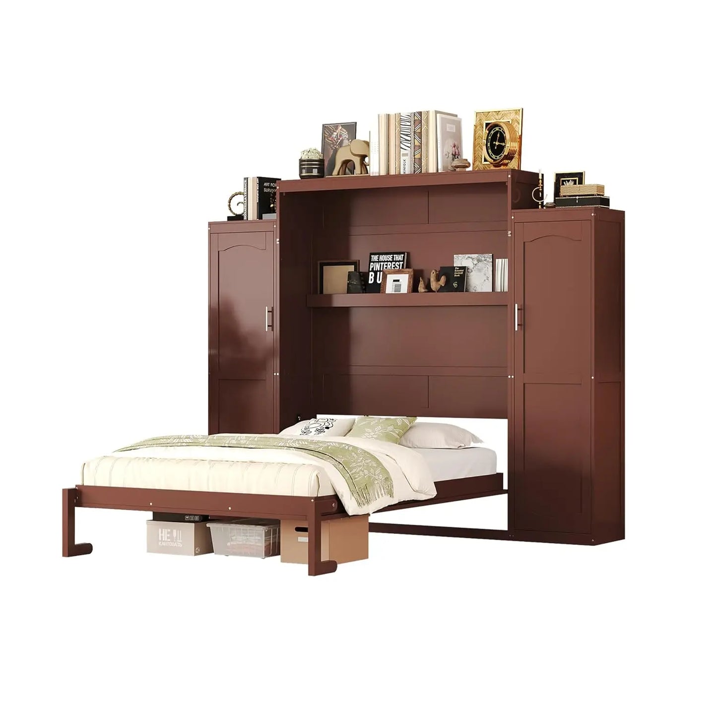 Wood Wall Murphy Bed With Two Closets And Shelving