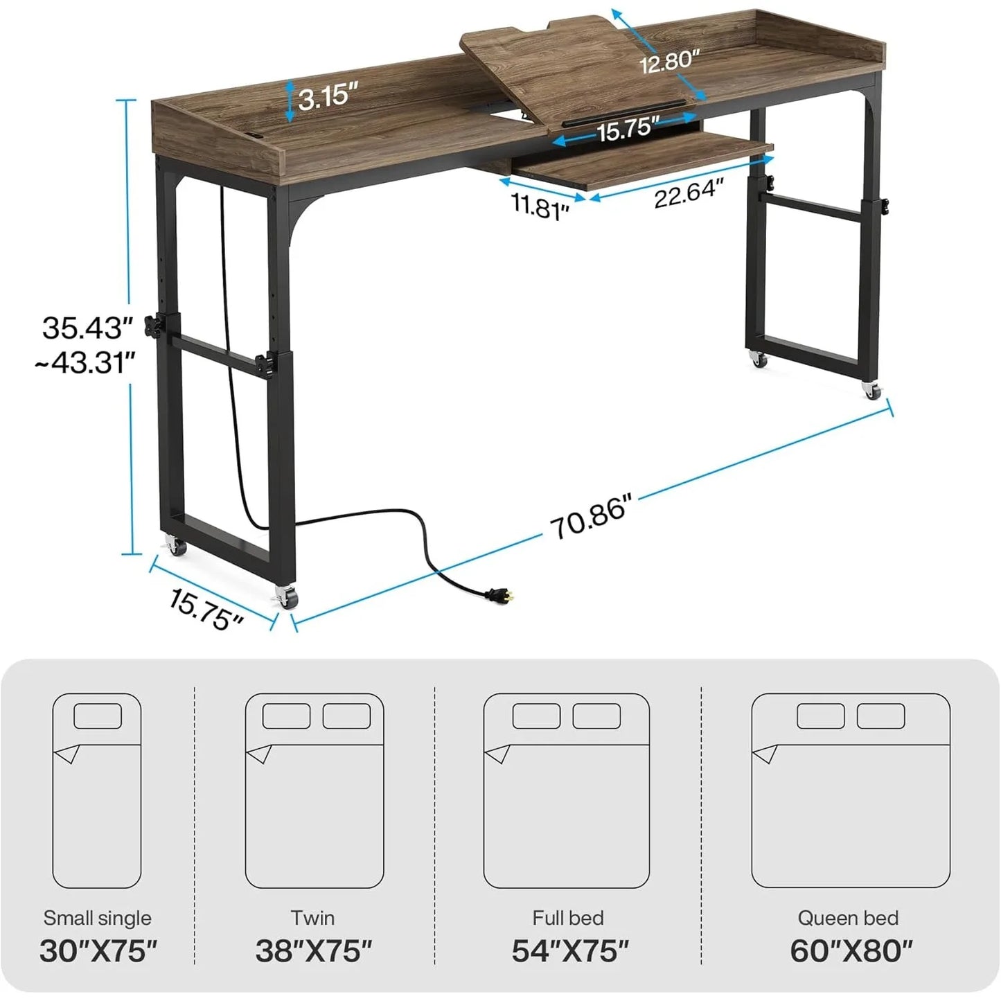 LITTLE TREE Height Adjustable Overbed Table With Wheels