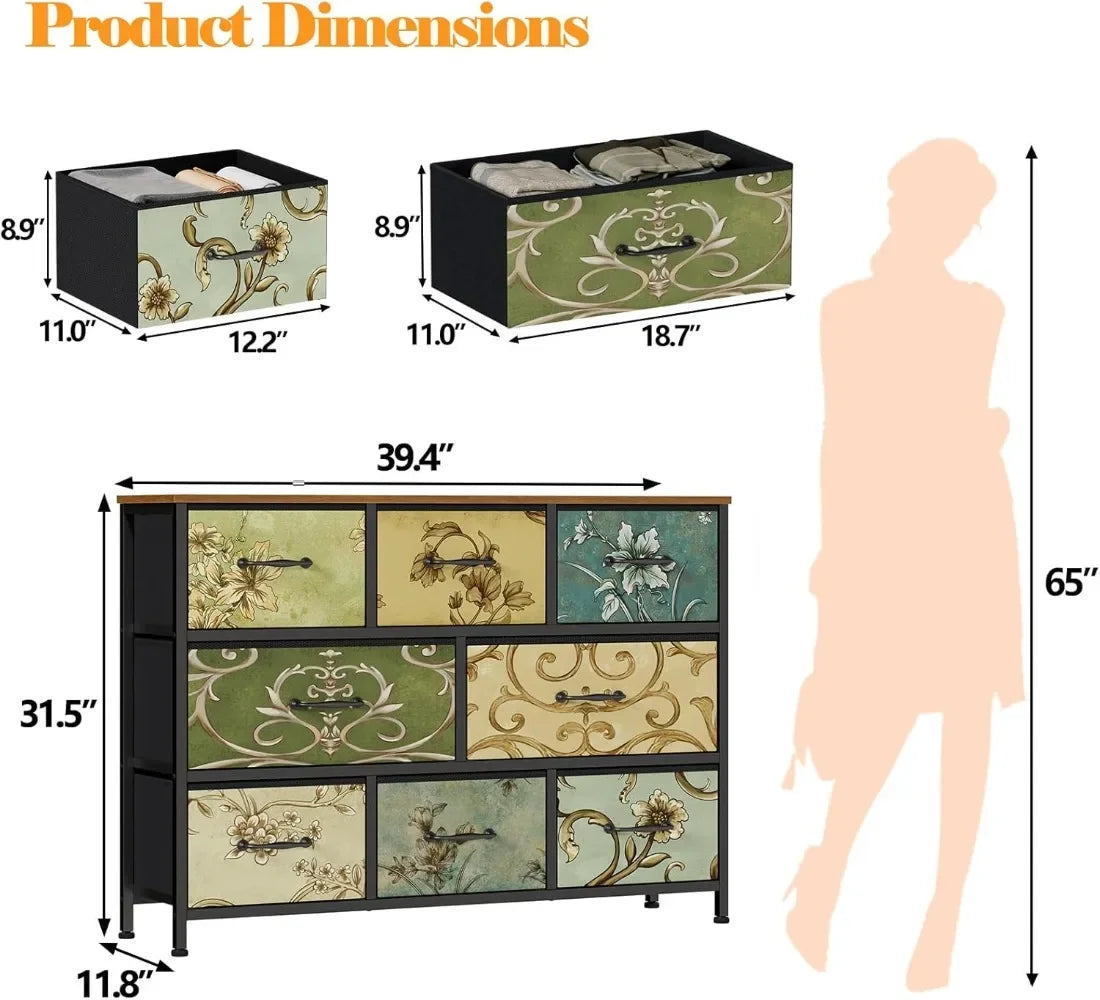 Vintage 8 Drawer Fabric Dresser Chest for Bedroom Living Room and Nursery