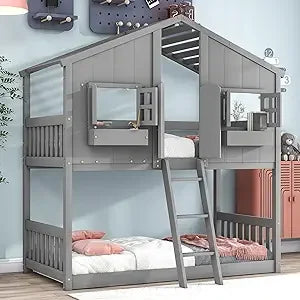 Pine Floor House Bunk Bed With Roof Window Storage