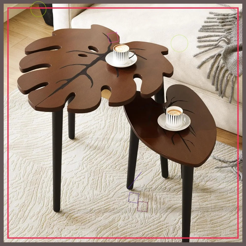 Monstera Leaf Nesting Tables Set of 2 Modern Wooden