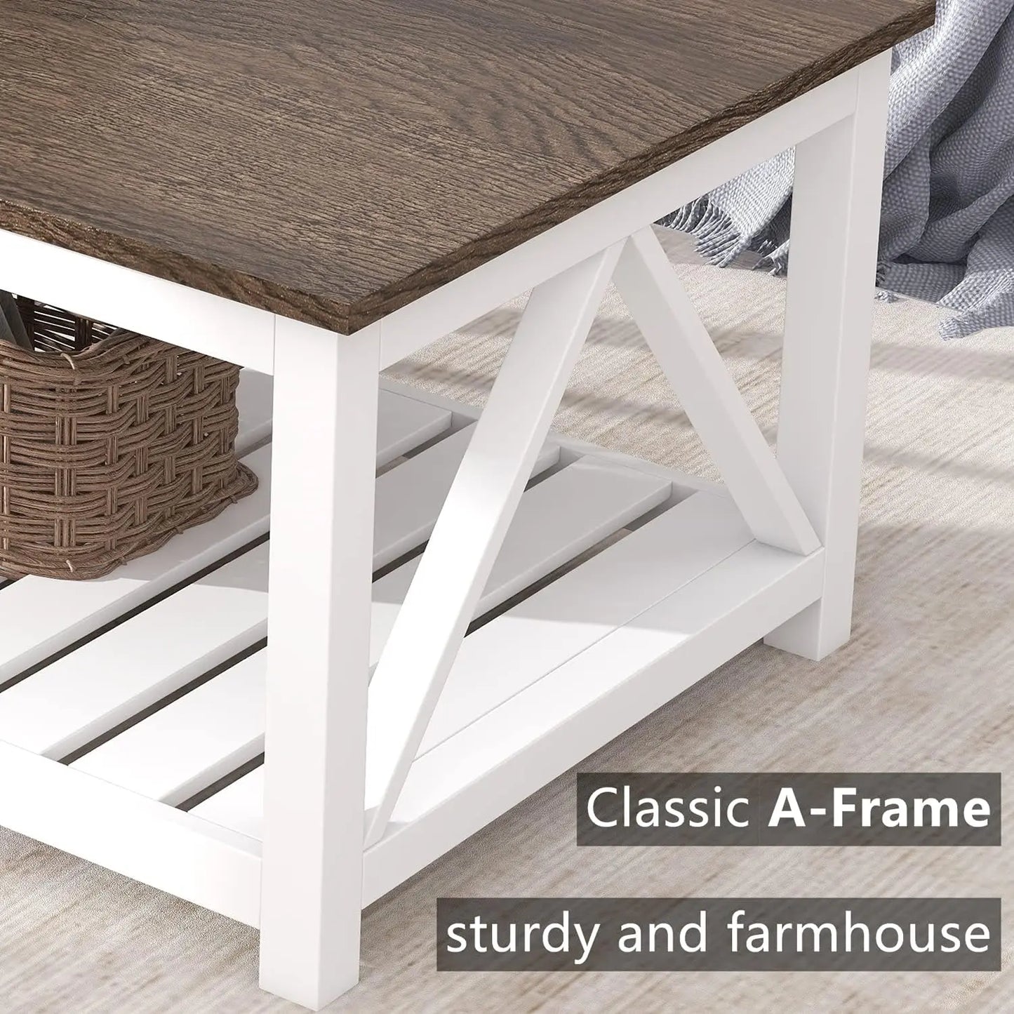 Rustic Farmhouse Coffee Table With Metal Frame And Shelf
