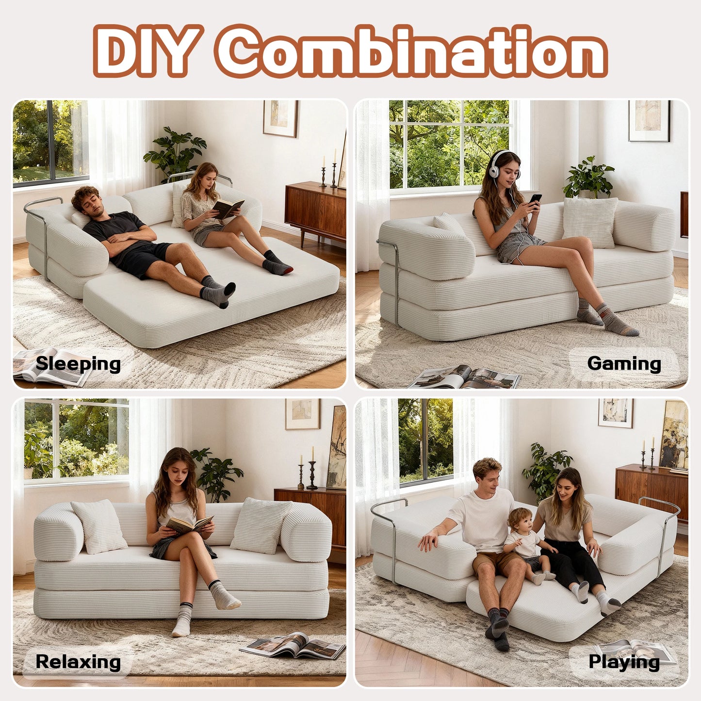 Boneless Couch Futon Sofa Bed With L Shaped Armrests For Living Room