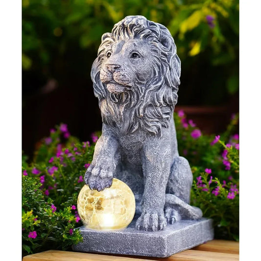 High Concerned Guardian Lion Garden Statue Ball Lights Outdoor