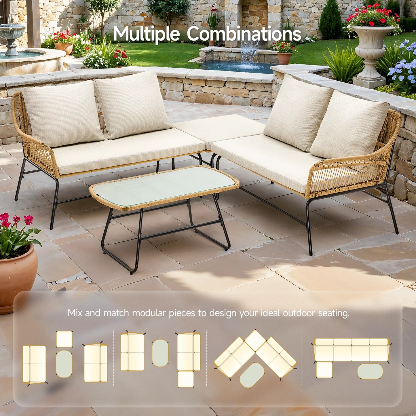 ONBRILL Outdoor Sectional Set Wicker Sofa Glass Coffee Table