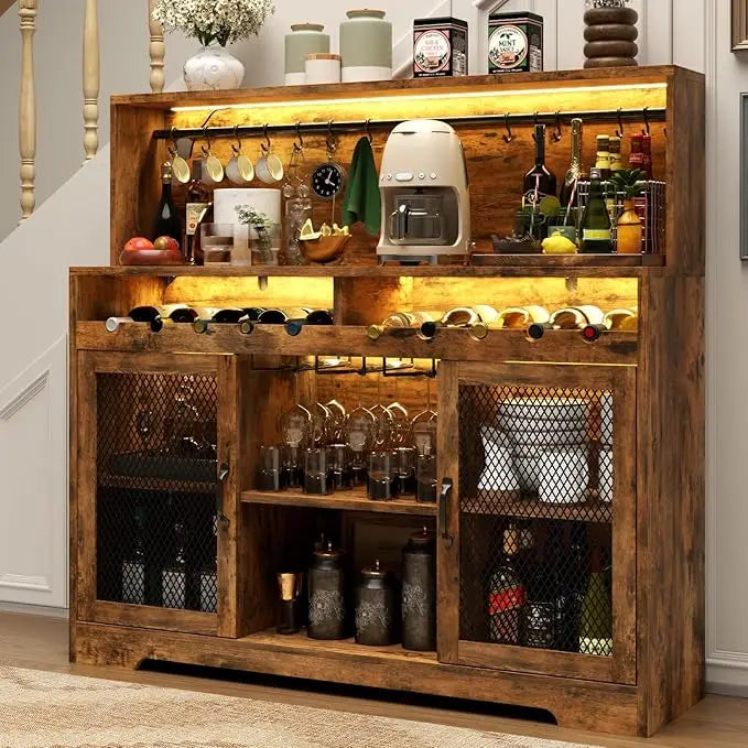 Wine Bar Cabinet With LED Lighting And Glass Holders