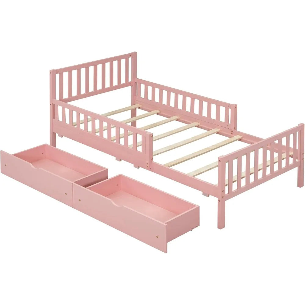 Kids Bed Frame With Guardrails And Drawers Storage Unit