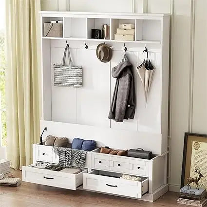58.8 Inch Wide Hall Tree with Bench Coat Rack Hooks Drawers and Adjustable Shelves