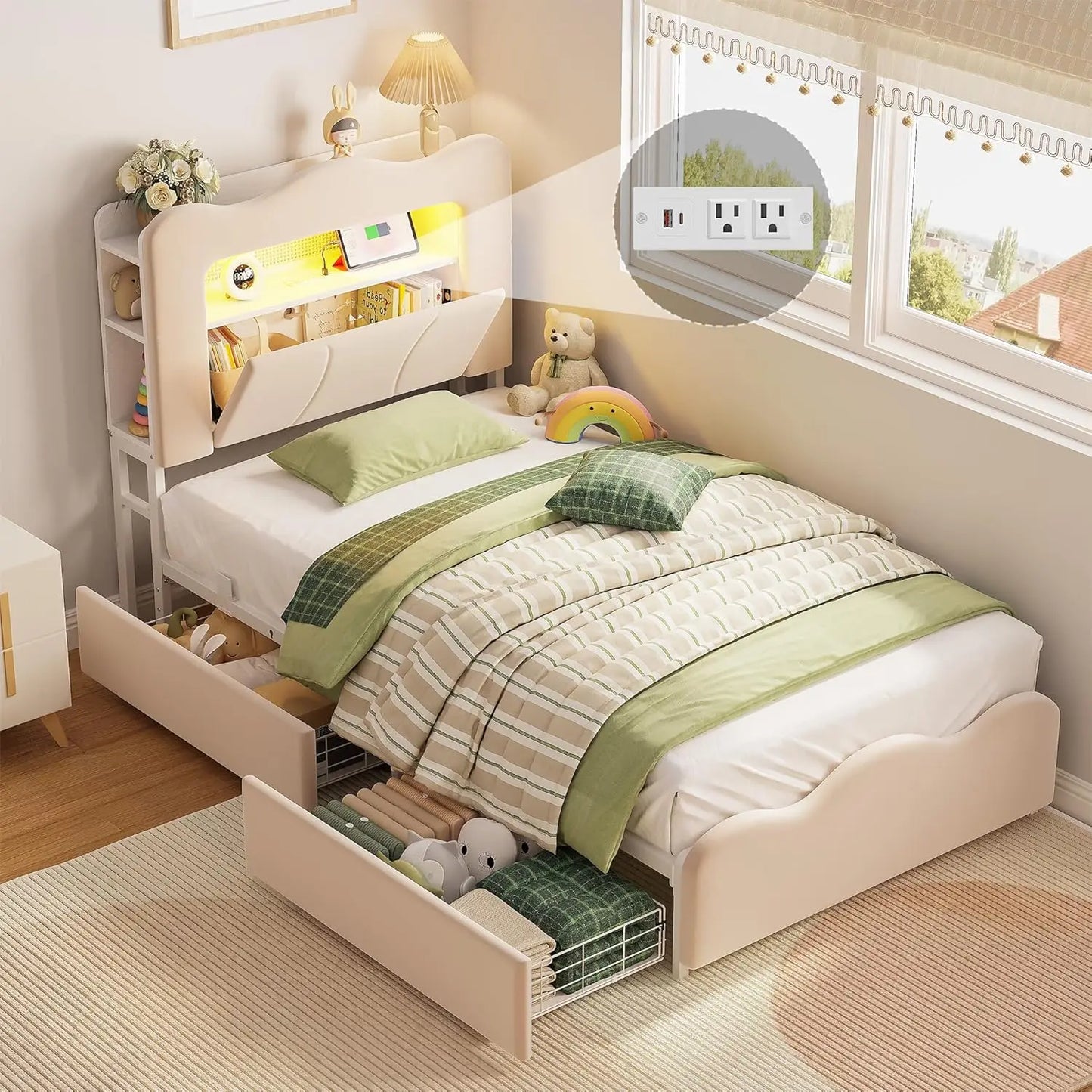 Velvet Platform Bed Frame With Drawers And Charging Station