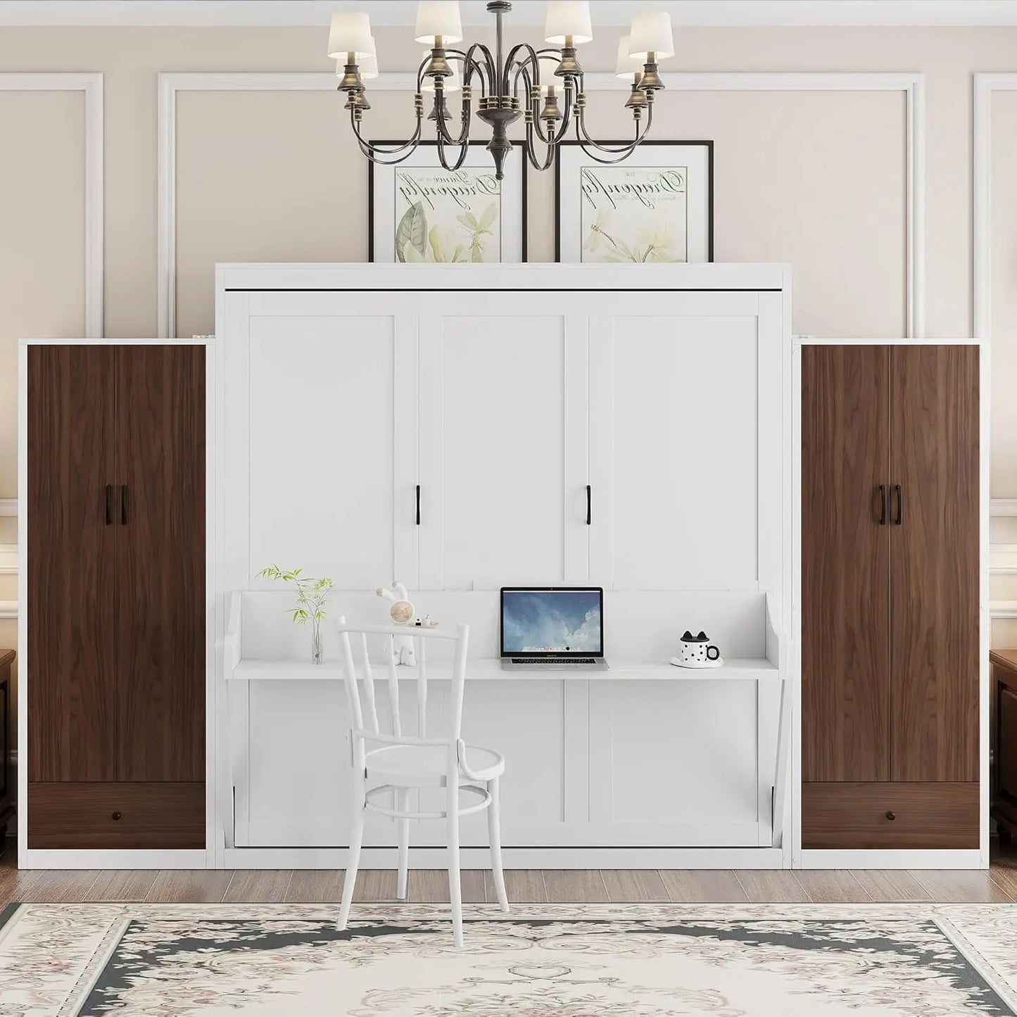 Wood Wall Murphy Bed With Two Closets And Shelving