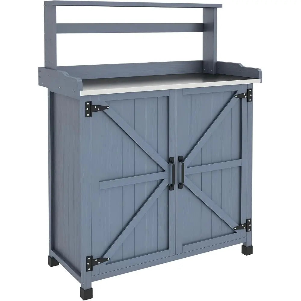 MKDK Outdoor Potting Bench With Storage Galvanized Tabletop