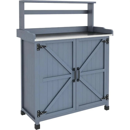 MKDK Outdoor Potting Bench With Storage Galvanized Tabletop
