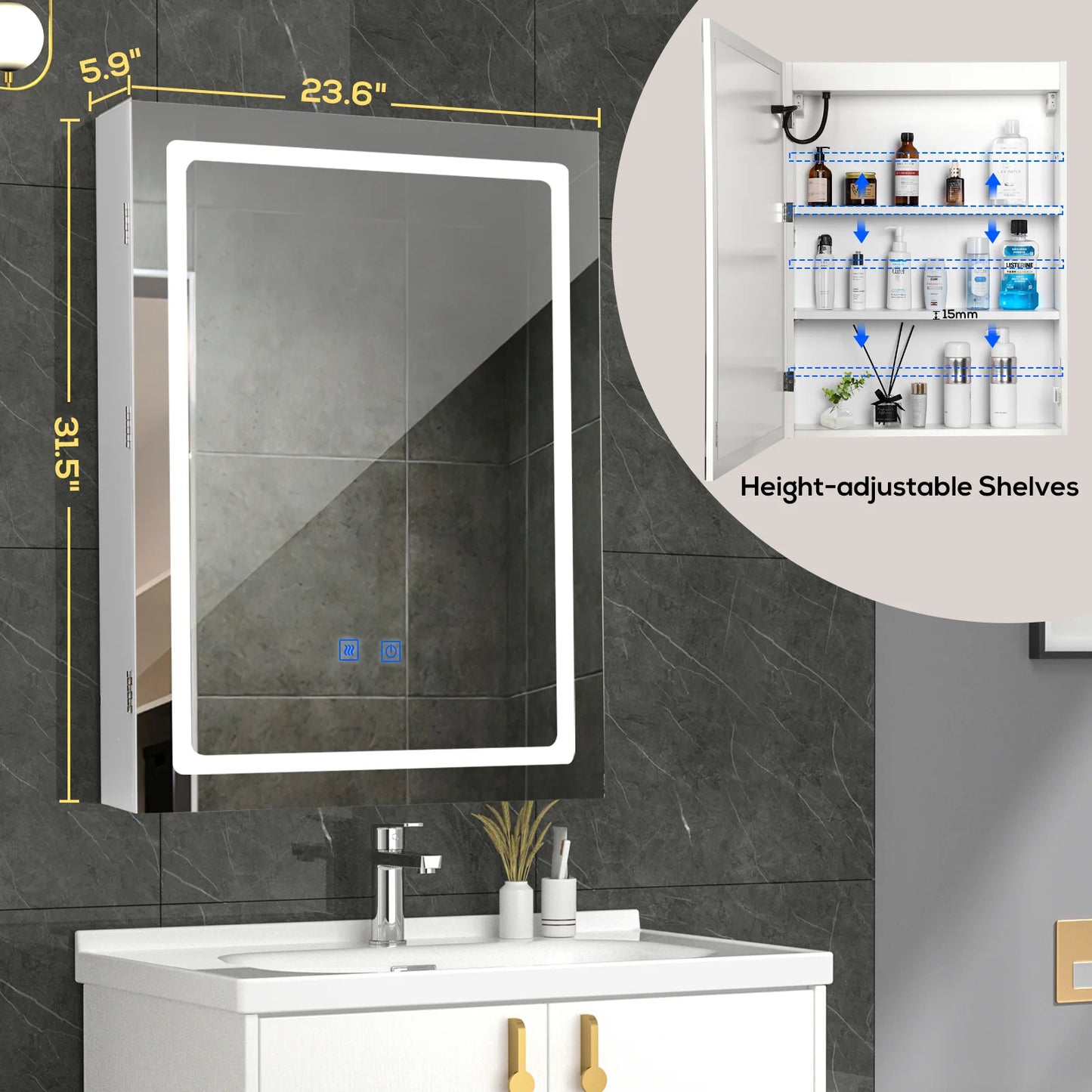 VOWNER LED Bathroom Medicine Cabinet Mirror Defogger