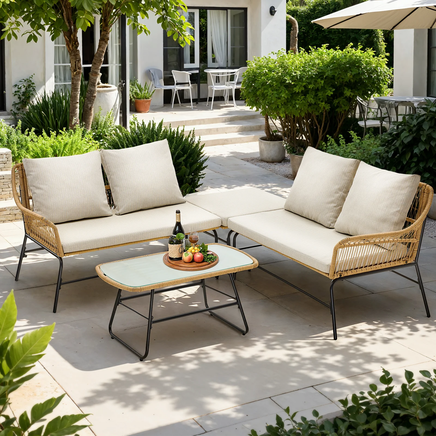ONBRILL Outdoor Sectional Set Wicker Sofa Glass Coffee Table