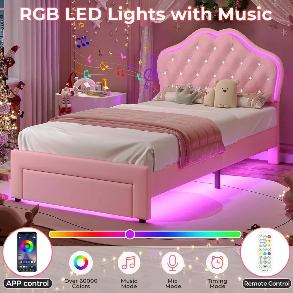 Velvet Button Upholstered Platform Bed With Storage LED Lights