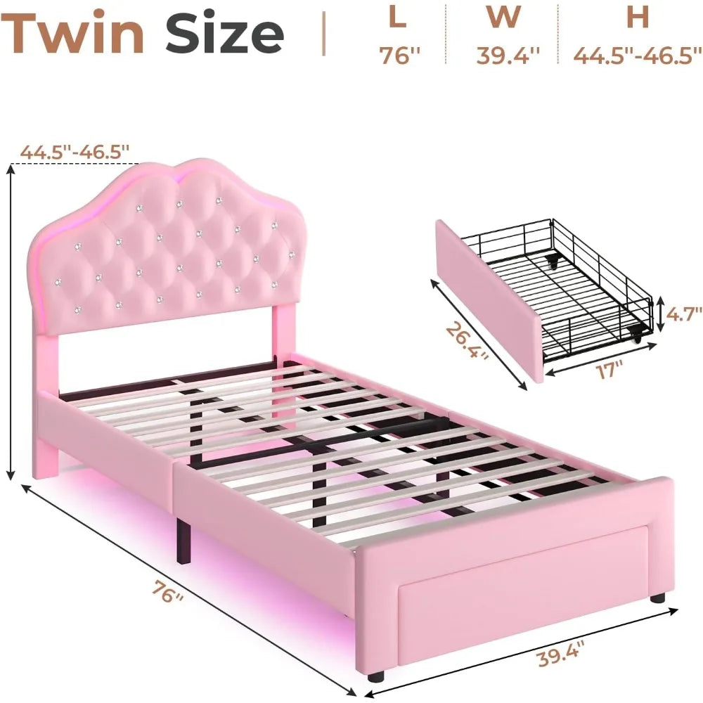 Girls Upholstered Platform Bed With Storage And LED Lights