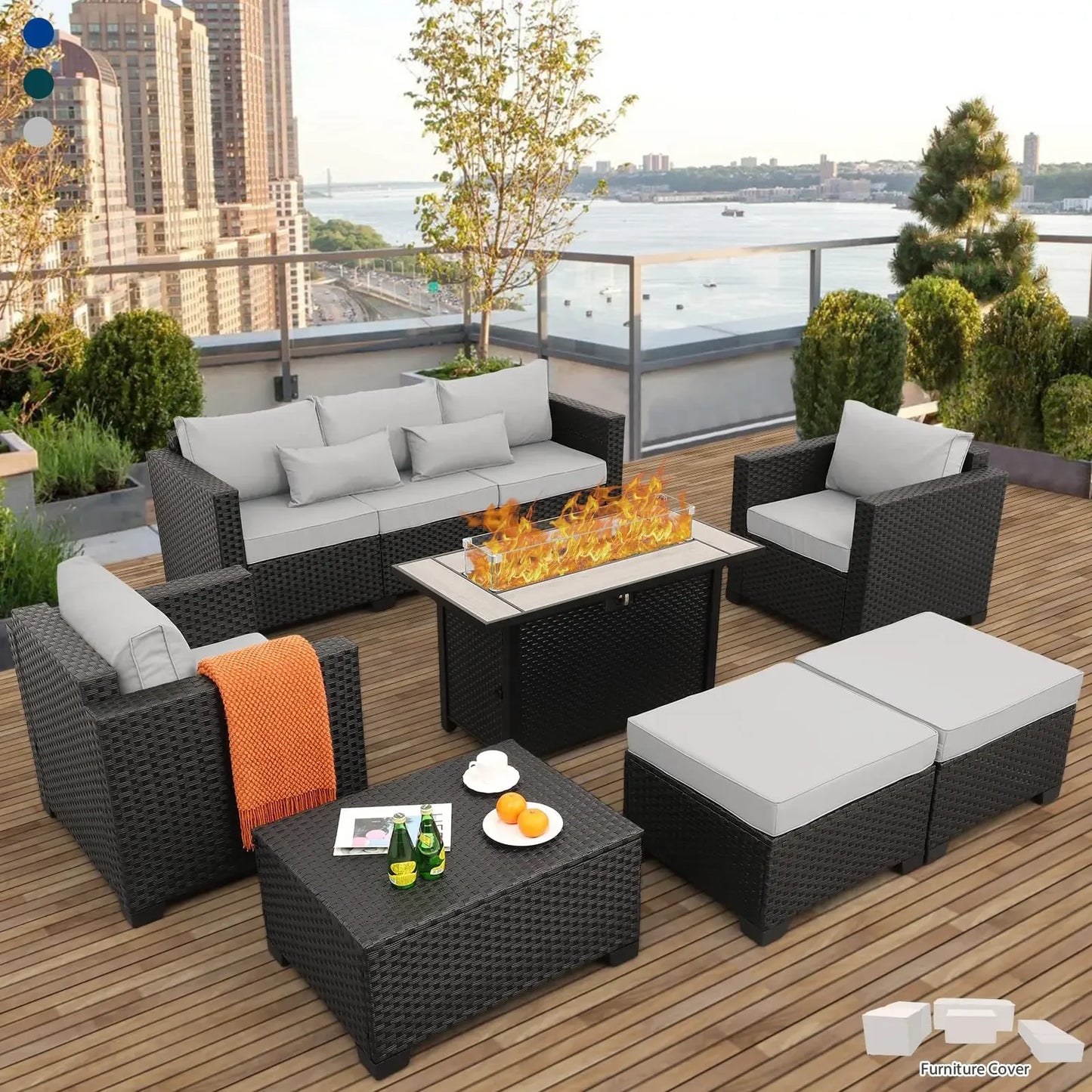 Outdoor Propane Fire Pit Table Seven Piece Patio Set
