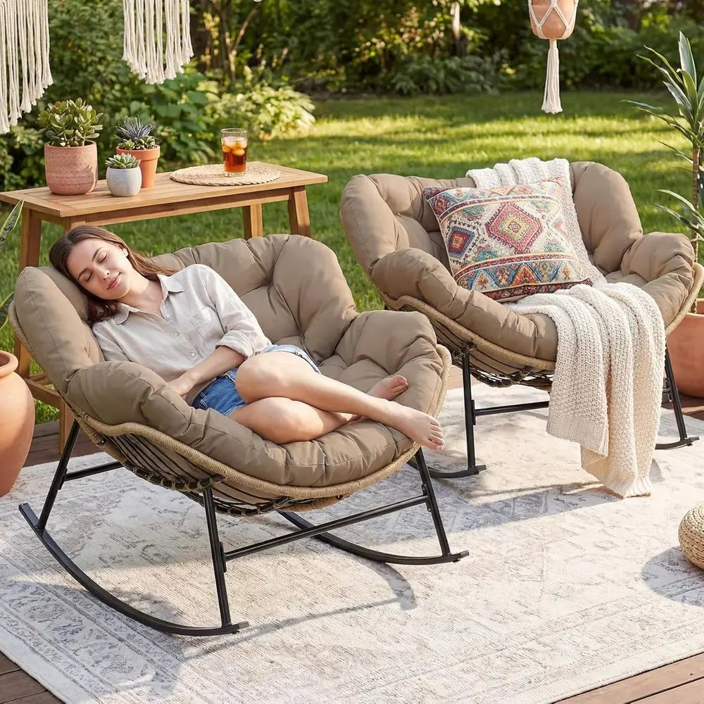 Wicker Egg Rocking Chair Set With Cushions