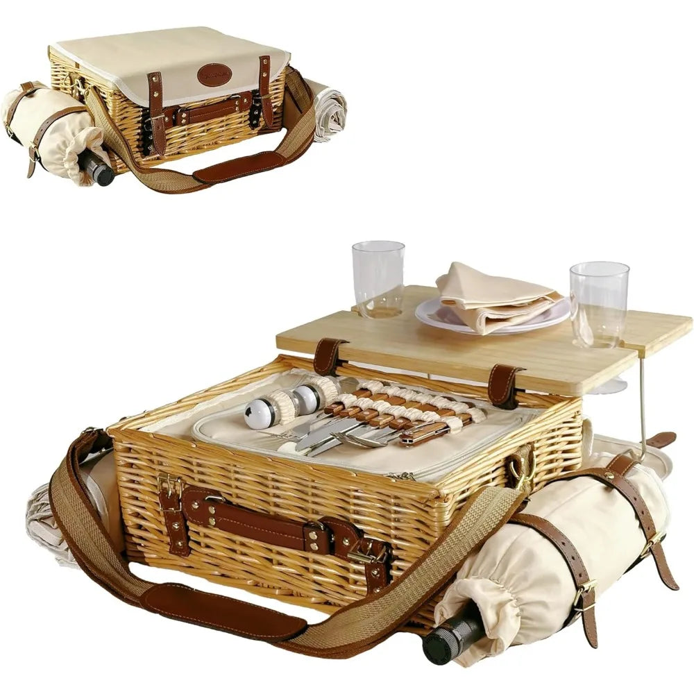 NBVCX Wicker Picnic Basket For Two With Table Blanket Wine Pouch And Tableware