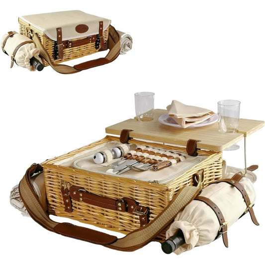 NBVCX Wicker Picnic Basket For Two With Table Blanket Wine Pouch And Tableware