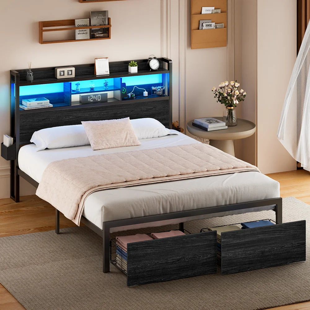 Satifur Metal Bed Frame With Storage Drawers And LED