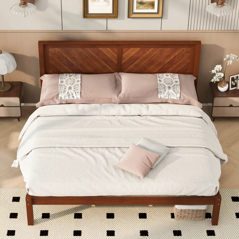 Solid Wood Platform Bed With Herringbone Headboard And Storage