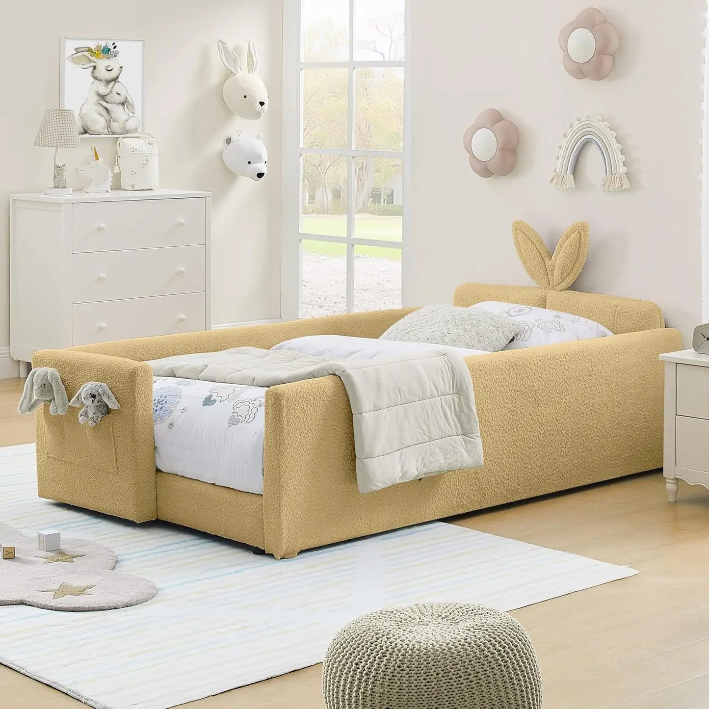 Boucle Upholstered Rabbit Ear Headboard Platform Bed For Kids