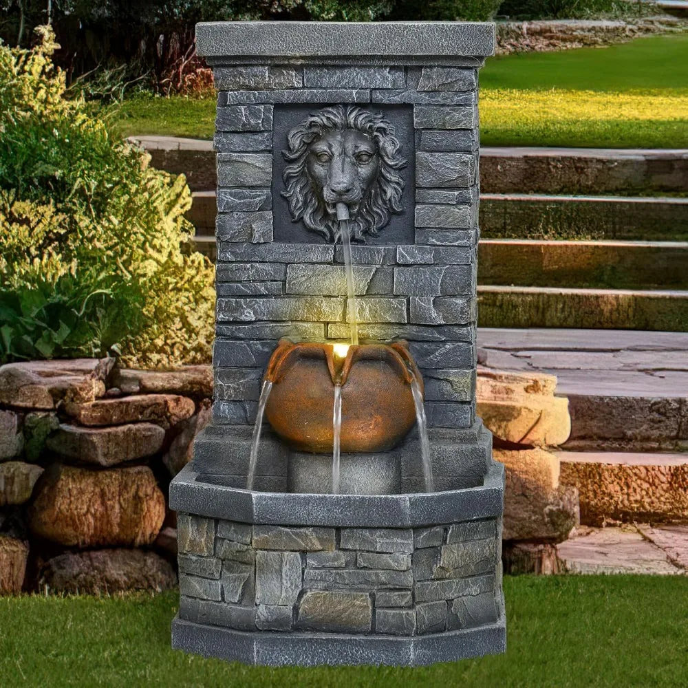 Outdoor Floor Standing Lion Head Water Fountain With Lights