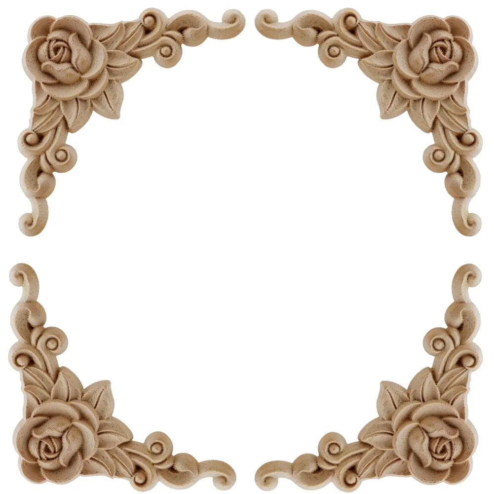 Natural Floral Wooden Figurines Decorative Carved Corner Appliques