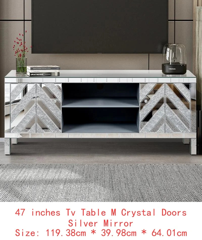 Mirror TV Console With Diamond Glass Doors And Open Storage