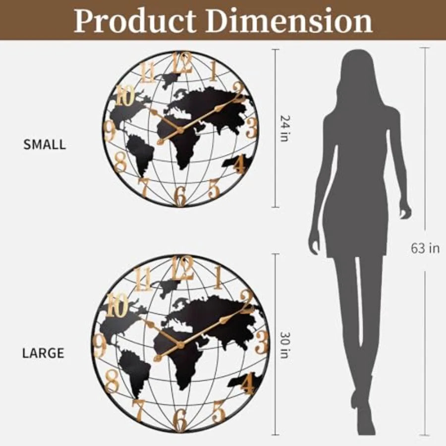 World Map Wall Clock Metal Minimalist Modern Silent Battery