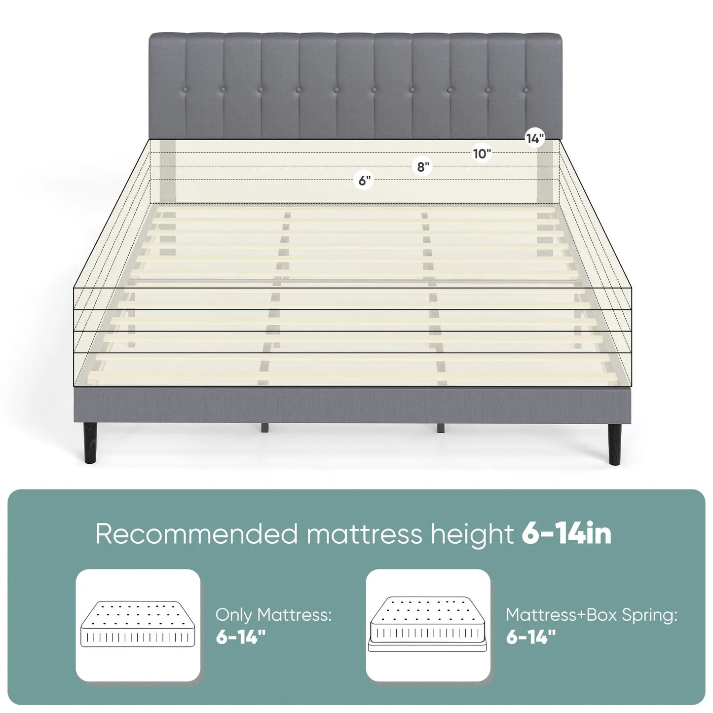 JHK King Wooden Bed Frame With Fabric Upholstered Slats