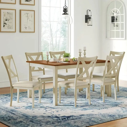 Rustic Armhouse Dining Table Set With Upholstered Chairs