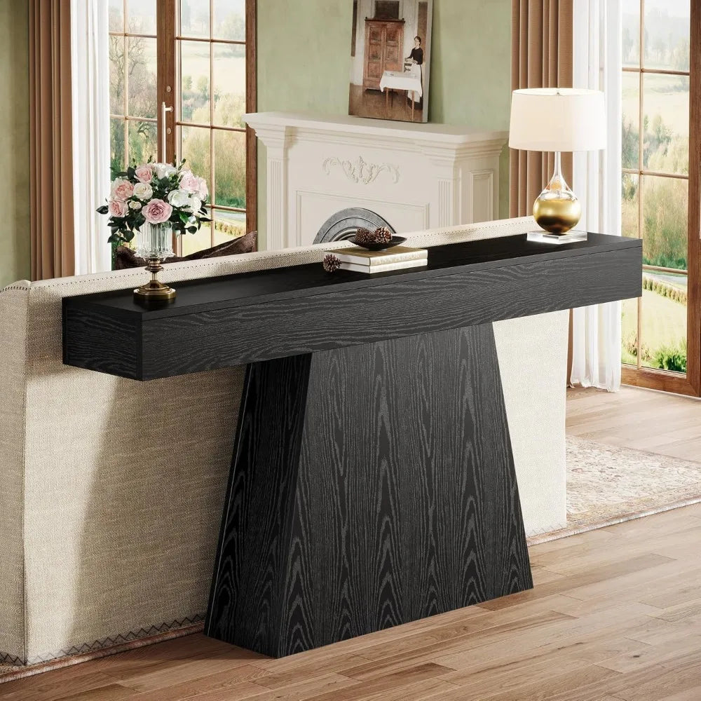 63 Inch Black Farmhouse Console Table with Trapezoidal Base for Entryway