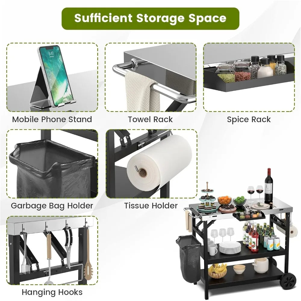 Portable Outdoor Grill Stand With Wheels And Storage Shelves