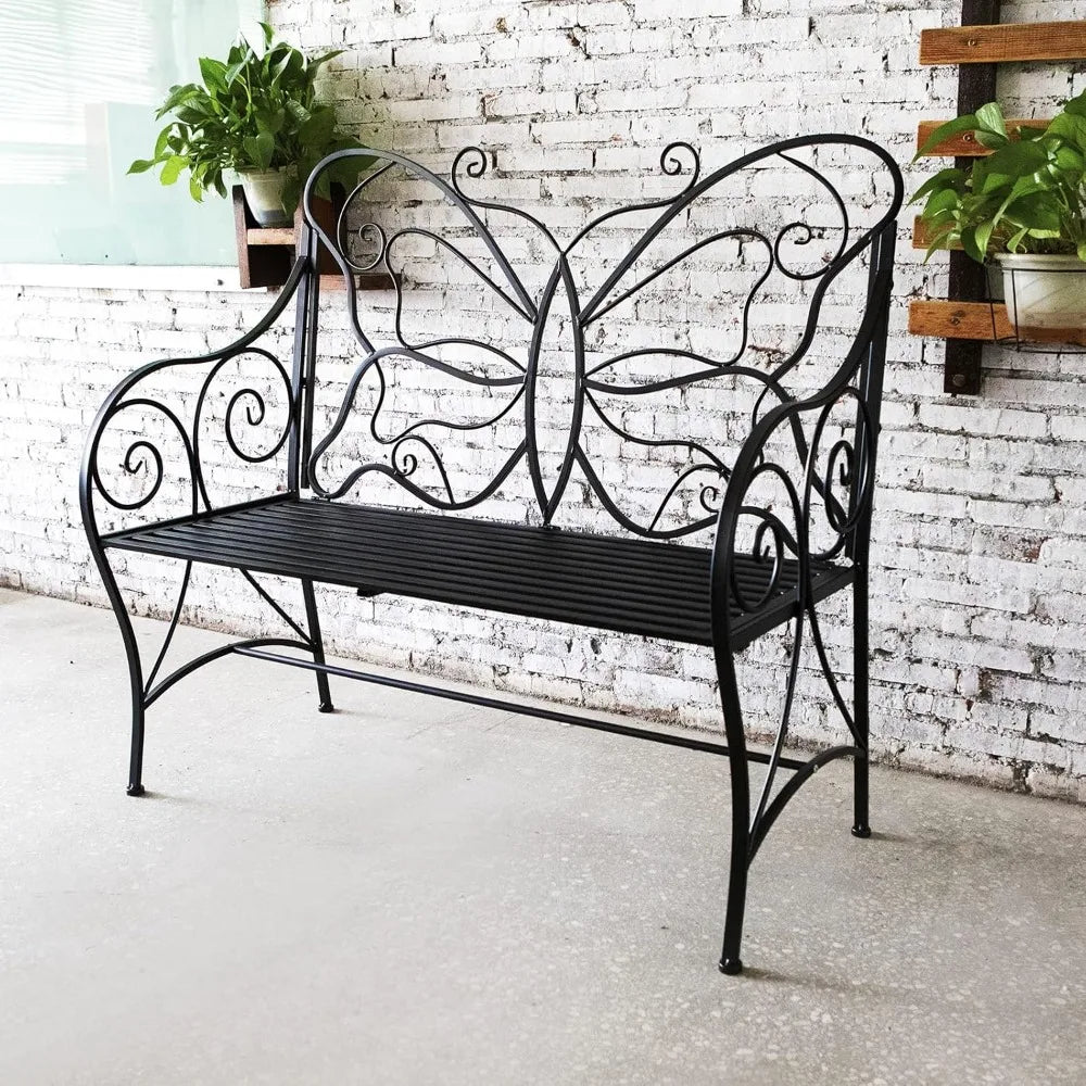 Outdoor Weatherproof Metal Garden Bench With Butterfly Backrest