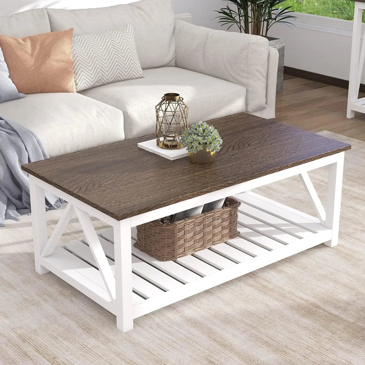 Rustic Farmhouse Coffee Table With Metal Frame And Shelf