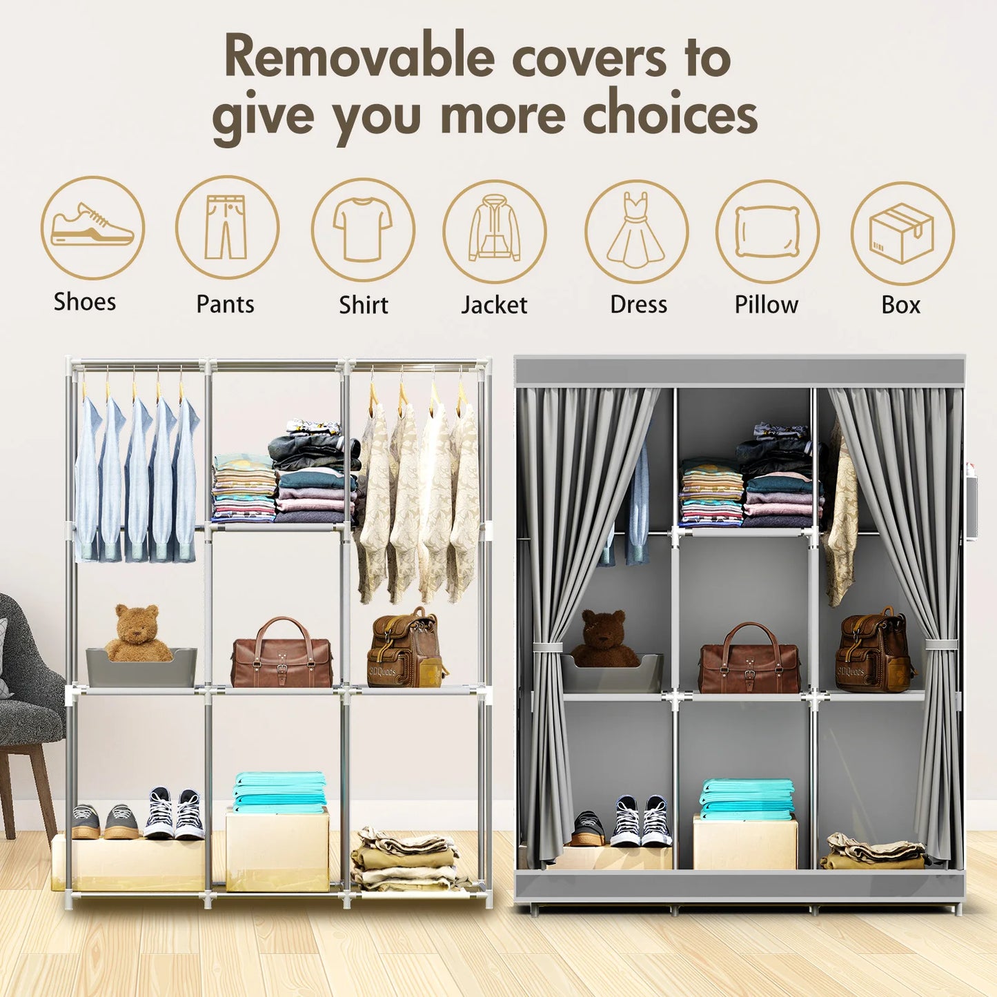 Portable Closet Storage Organizer With 3 Bars Nonwoven Fabric