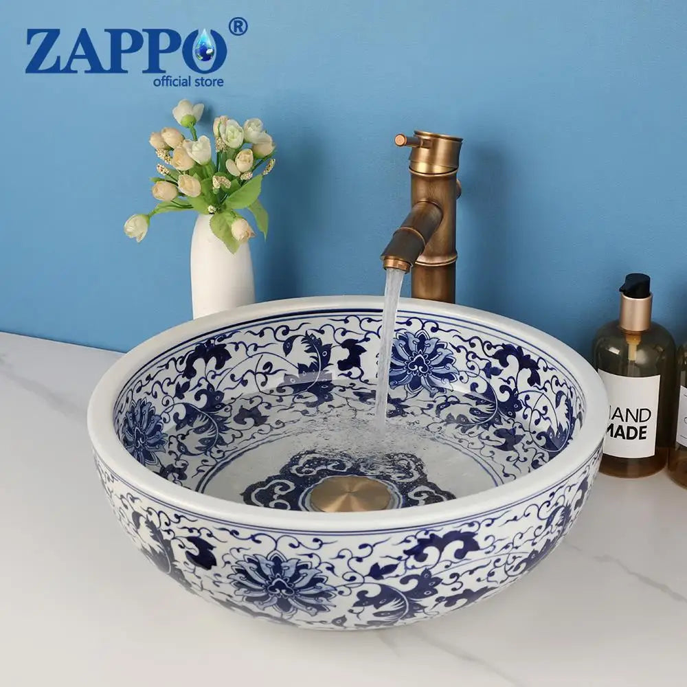 ZAPPO Round Ceramic Bathroom Vessel Sink Faucet Combo Set