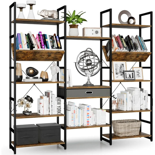 Triple Wide 5 Tier Bookshelf Rustic Industrial Style