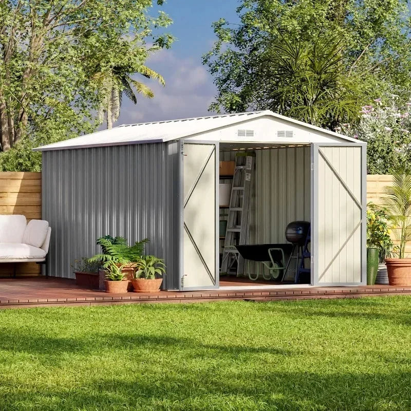 Outdoor Steel Shed With Lockable Doors And Tool Storage