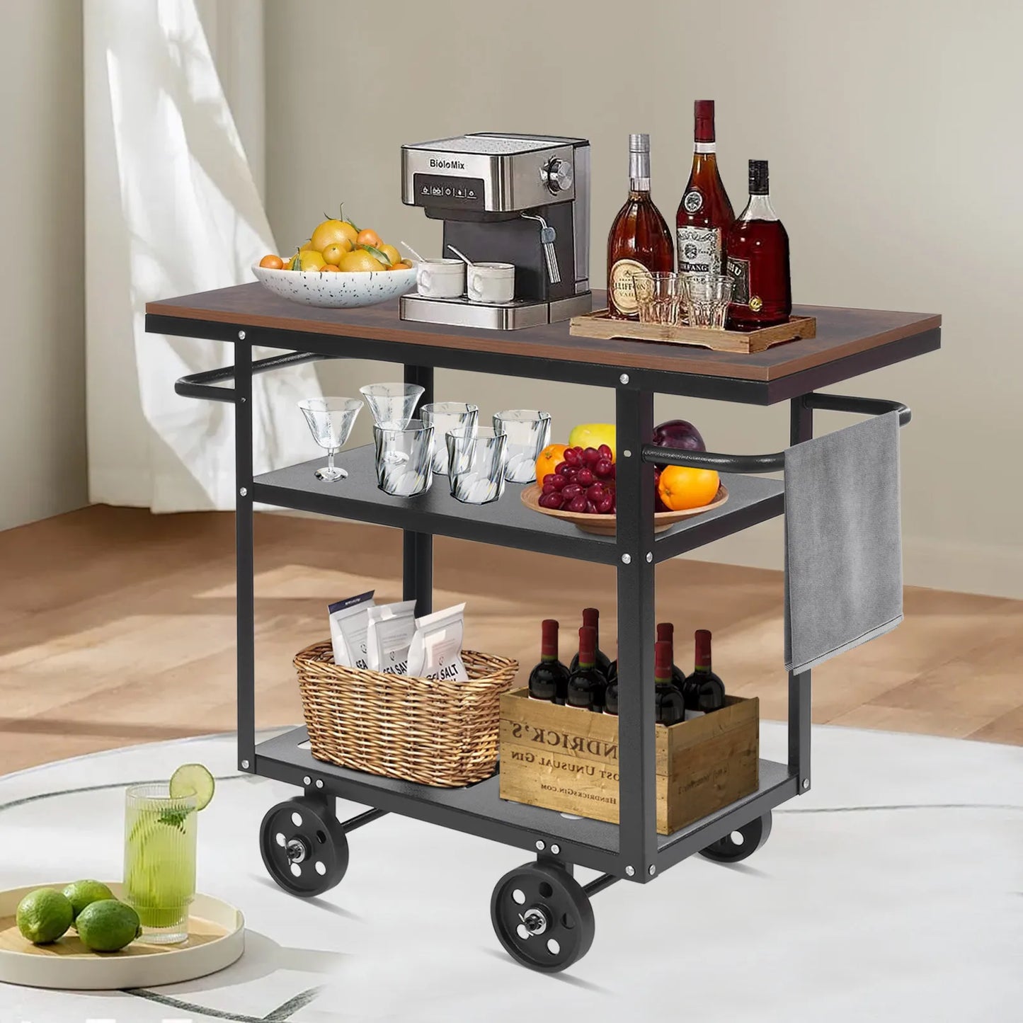 CNCEST Industrial Pipe Bar Cart 3-Tier Rolling Kitchen Cart